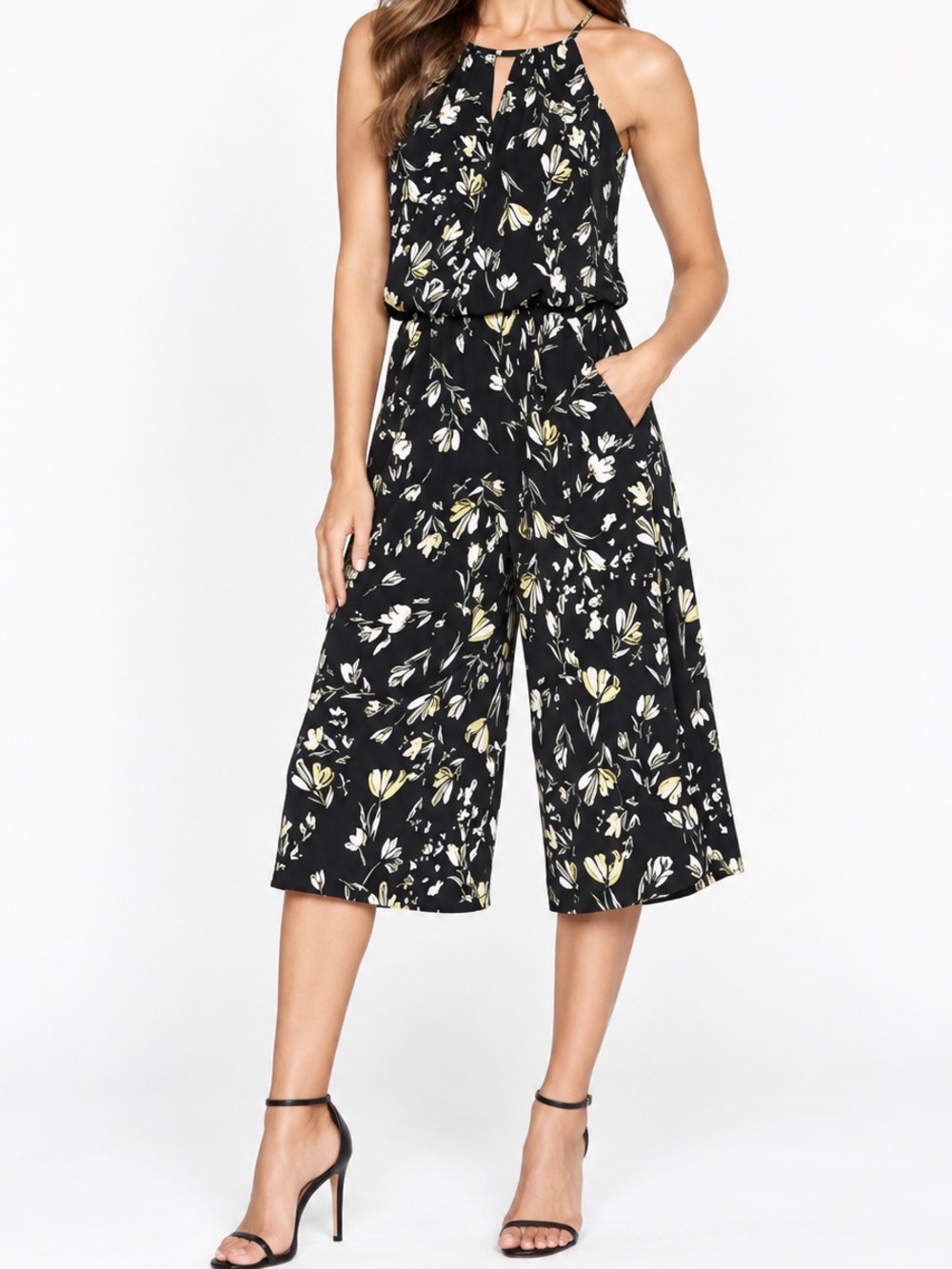 London Times Jumpsuit Size 6 Black Floral Halter Wide Leg Cropped